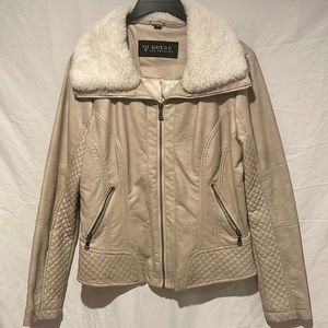 GUESS brand beige, suede feeling faux fur collar jacket
